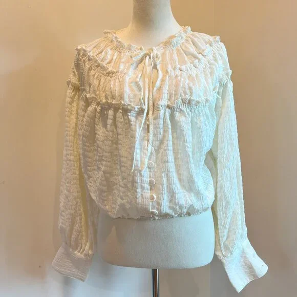 Free People Hailey Crop Long Sleeve Blouse Cuffs Boho Ivory Cream Festival S - Picture 2 of 9